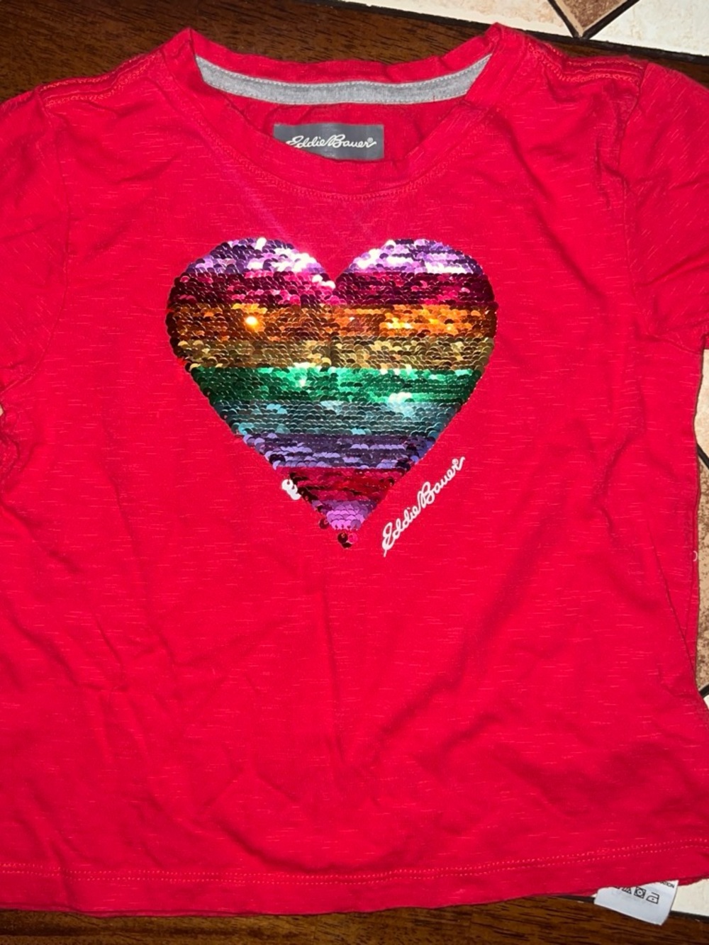 Eddie Bauer Red Tee with Rainbow Sequin Heart